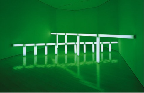 Figure 7. Dan Flavin, greens crossing greens (to Piet Mondrian who lacked green), 1966. Green fluorescent light, 2- and 4-ft. fixtures, 
4 feet 5 inches x 19 feet 2 1/4 inches x 12 feet 3 inches overall. Solomon R. Guggenheim Museum, New York
