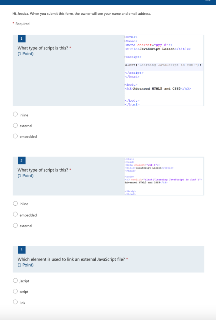 Screenshot of objective JavaScript quiz designed to improve the UX 